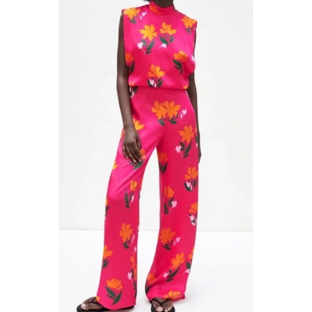 NWT ZARA SZ XS Bright Pink Floral Sleeveless Long Pants Flowy Open Back Jumpsuit